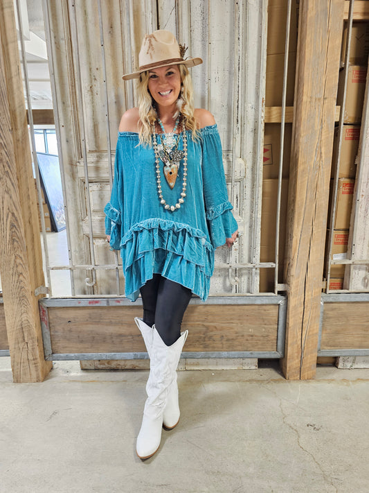 Turquoise Velvet Ruffle Top