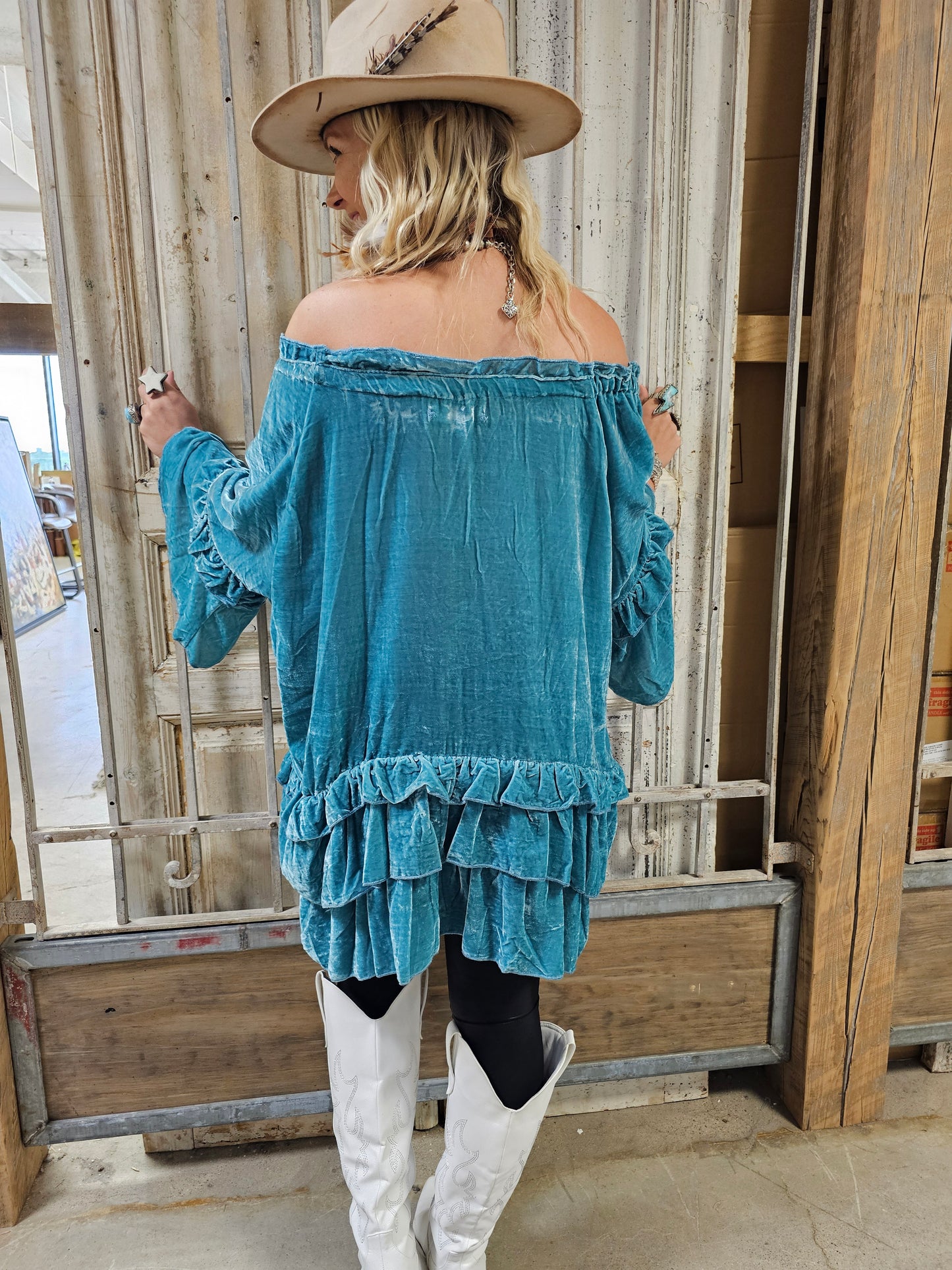 Turquoise Velvet Ruffle Top