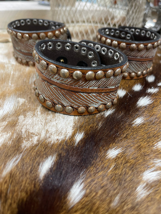 Double Snap Feather Stud Tooled Cuff