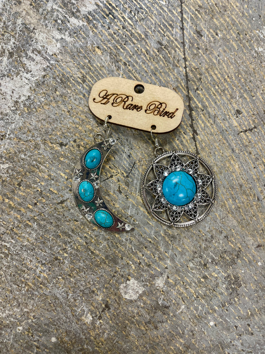 Blue Turquoise Moon Star Earrings