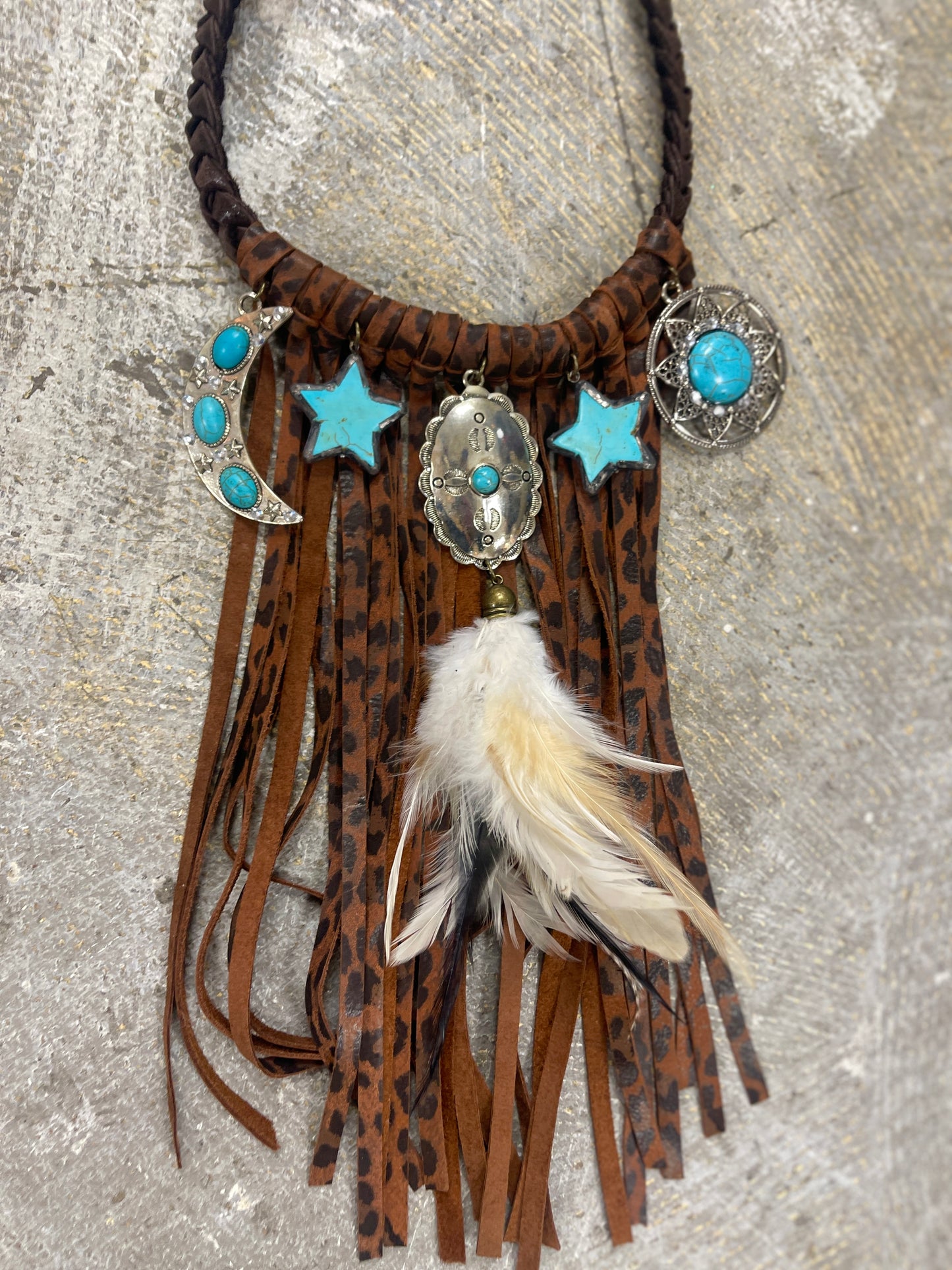 Braided Leather Fringed Moon/Star Necklace