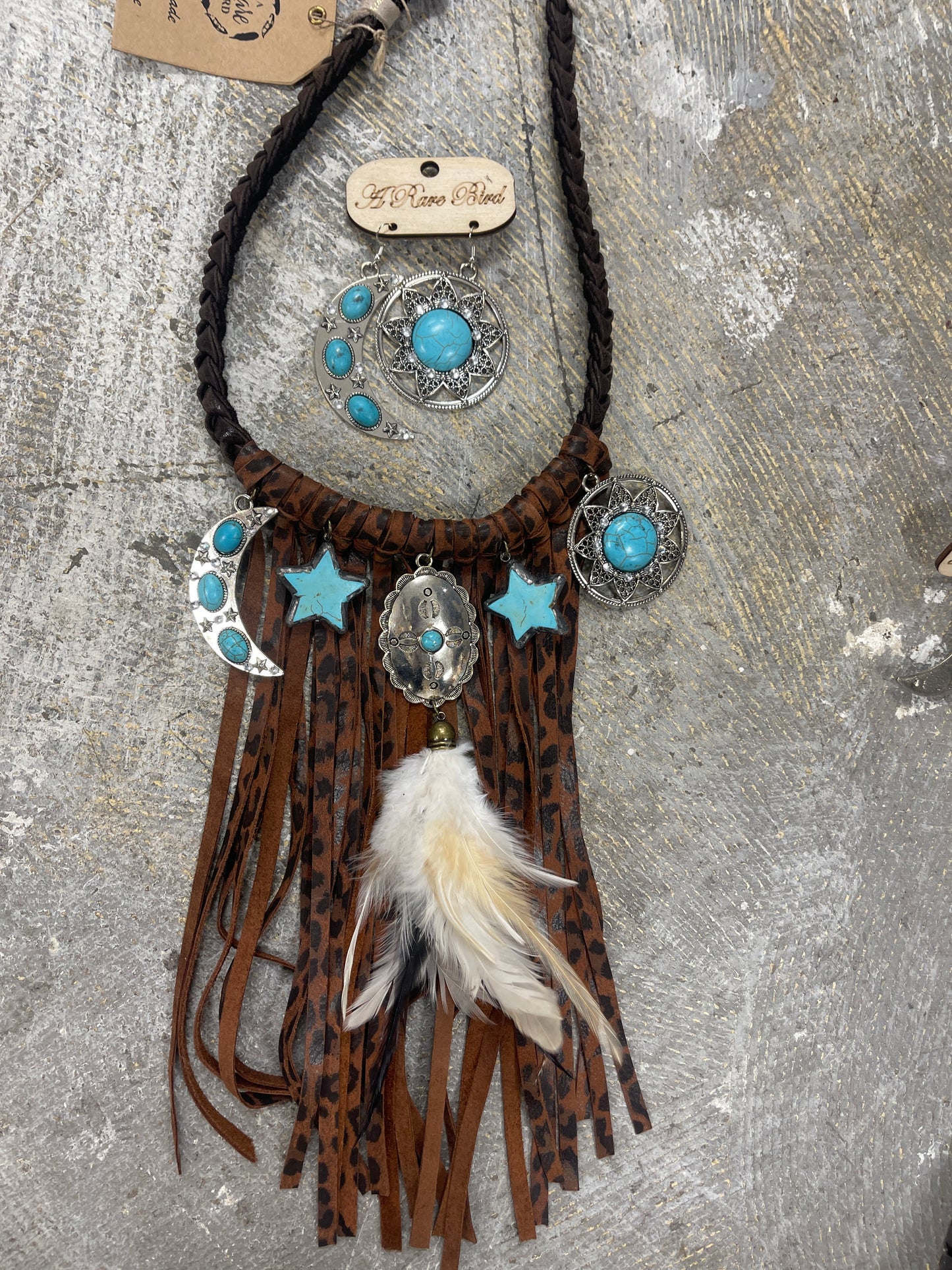 Braided Leather Fringed Moon/Star Necklace