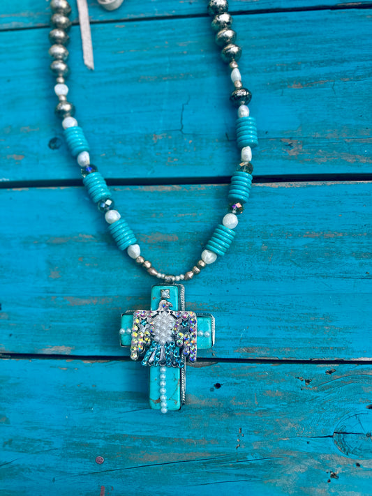 Turquoise Thunderbird Cross Necklace