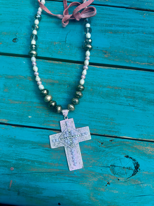 Distressed Pink Pearl Cross Necklace