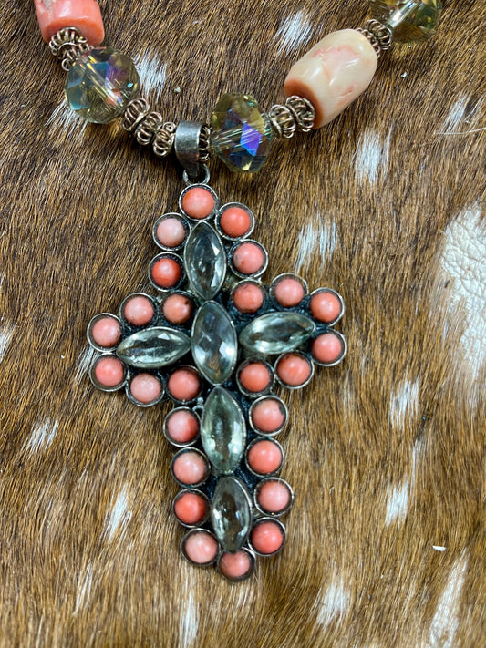 Beautiful Vintage Crystal Coral Cross