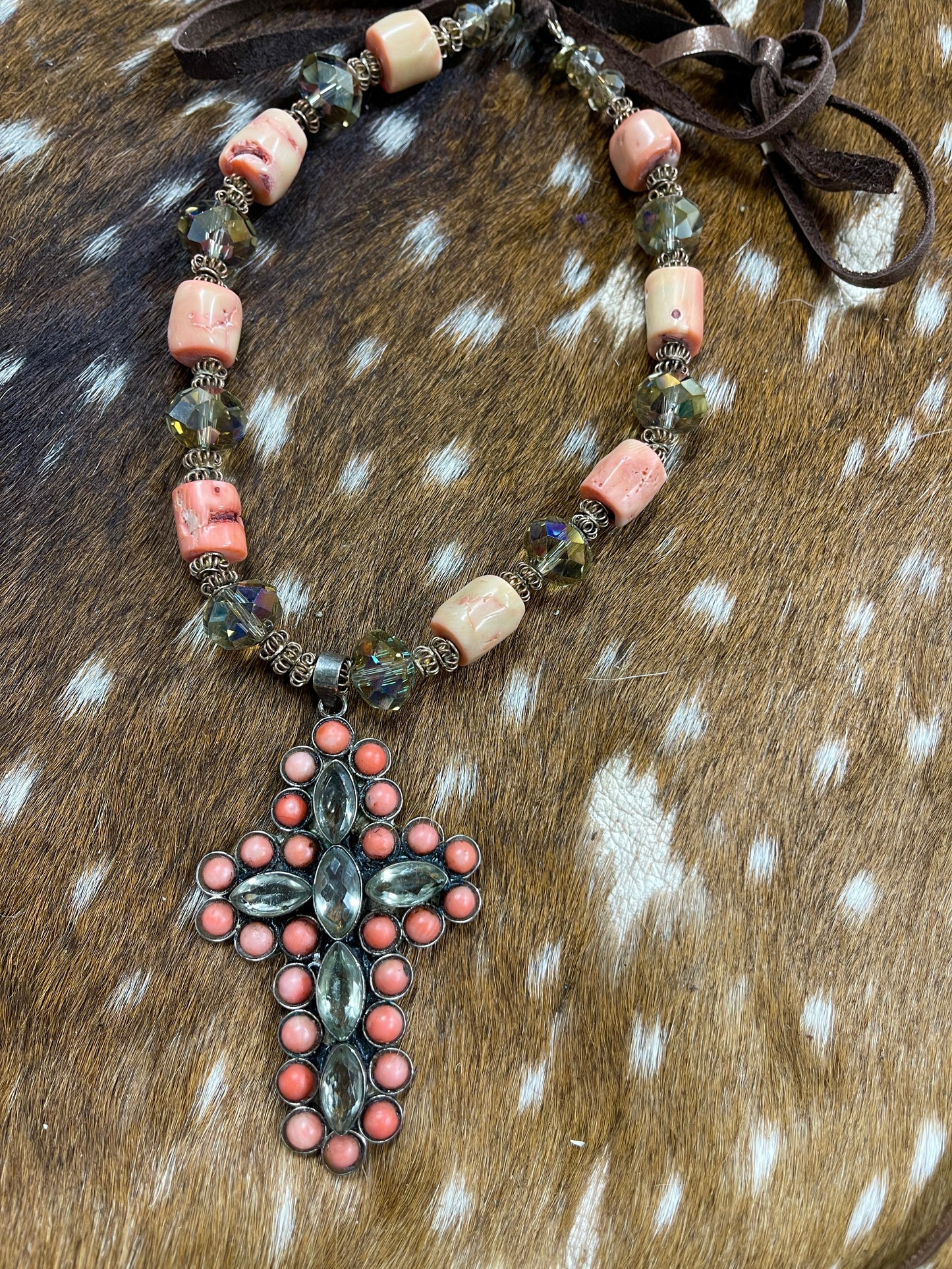 Beautiful Vintage Crystal Coral Cross