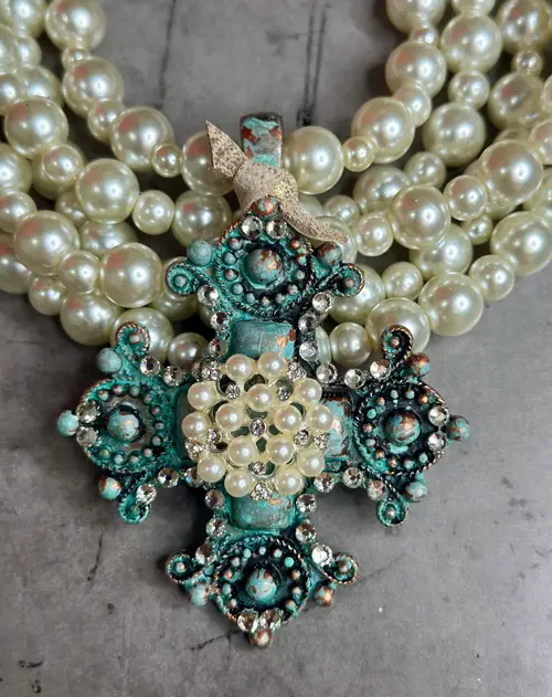 5 Strand Pearl Turquoise Cross Necklace