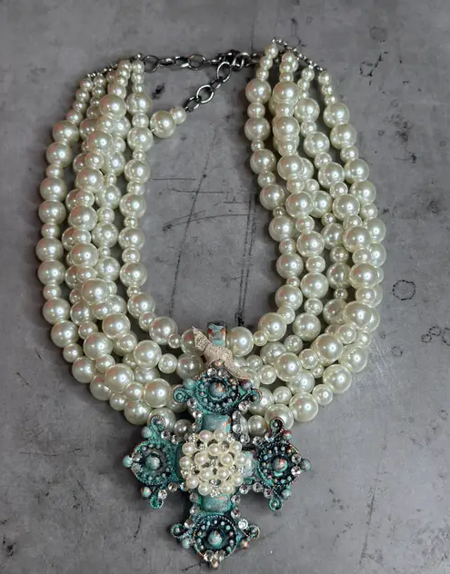 5 Strand Pearl Turquoise Cross Necklace