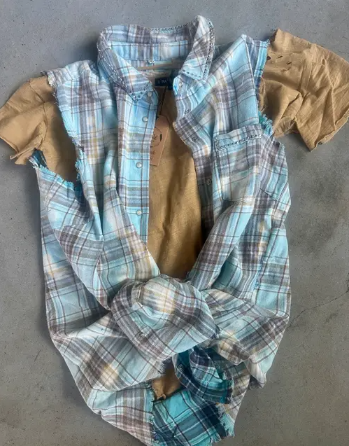 Distressed Sky Blue Flannel Vest