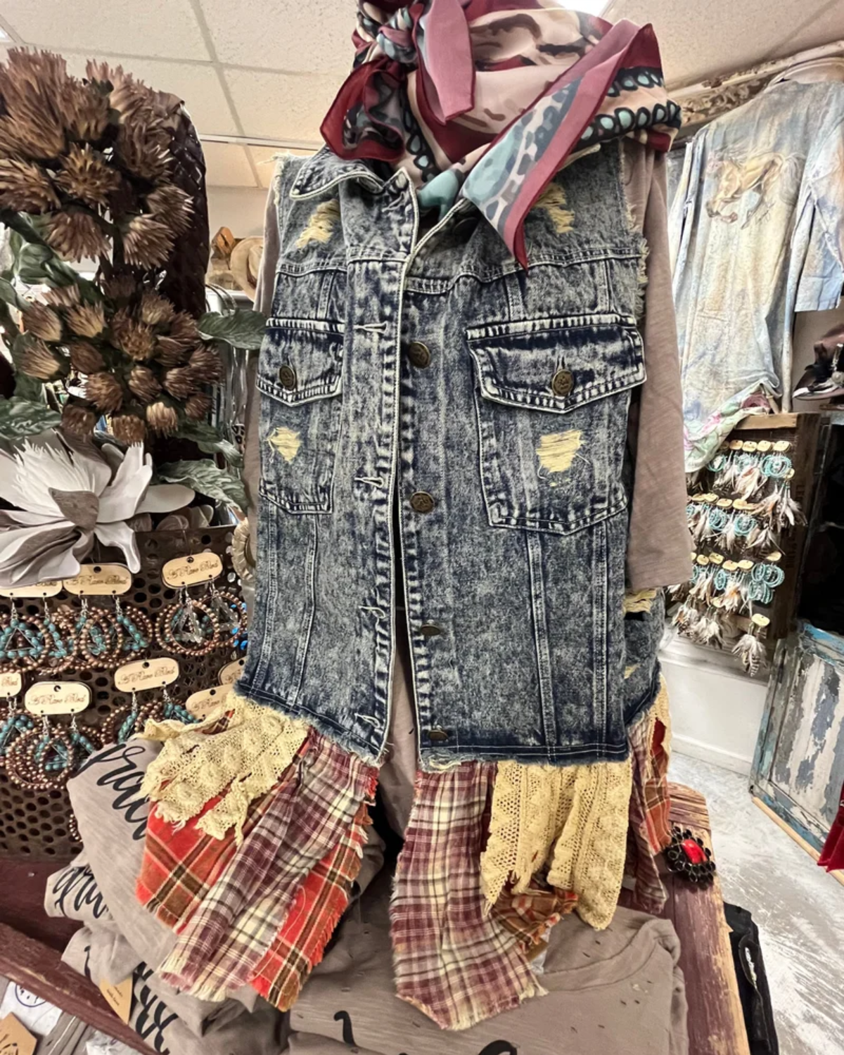 Tattered Denim Flannel Vest