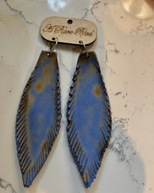 Deep Distressed Periwinkle Leather Feather Earrings